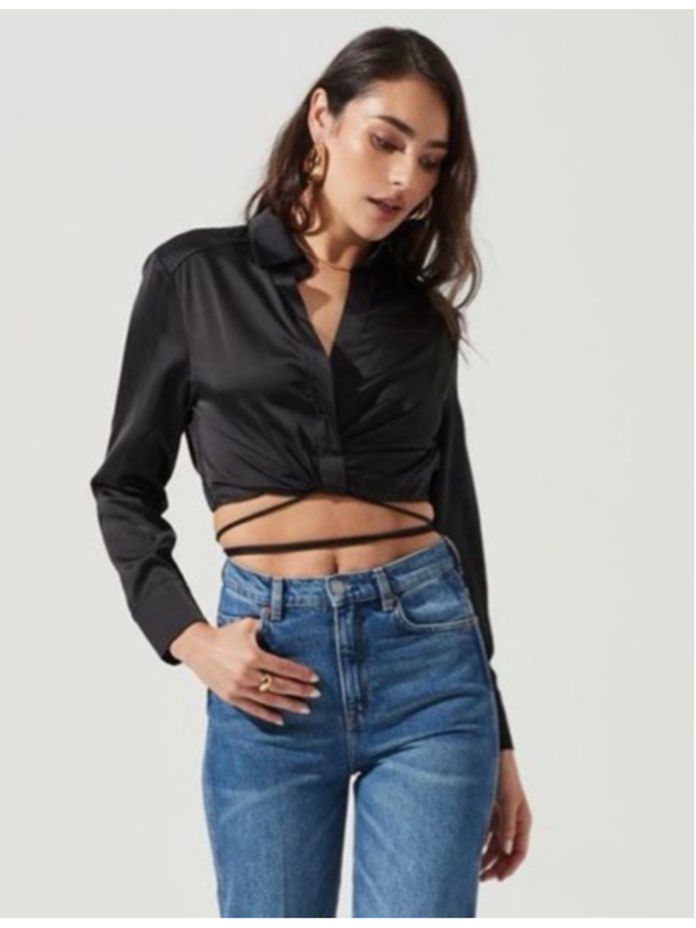 ASTR Black Satin Long-Sleeve Wrap Crop Top